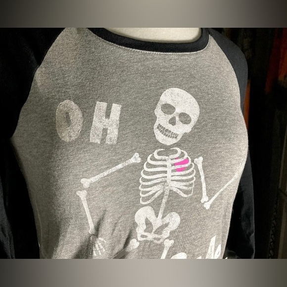 Oh Snap Skeleton Halloween Graphic Baseball Tee 3/4 Sleeve Size XS - Picture 1 of 5